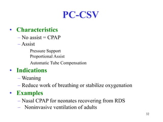 PC-CSV•Characteristics–Noassist=CPAP–AssistPressureSupportProportionalAssistAutomaticTubeCompensation•Indications–Weaning–Reduceworkofbreathingorstabilizeoxygenation•Examples–NasalCPAPforneonatesrecoveringfromRDS–Noninvasiveventilationofadults32