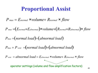 ProportionalAssistPmus=Enormal×volume+Rnormal×flowPmus=(Enormal+Eabnormal)×volume+(Rnormal+Rabnormal)×flowPmus=(normalload)+(abnormalload)Pmus+Pvent=(normalload)+(abnormalload)Pvent=abnormalload=Eabnormal×volume+Rabnormal×flowoperatorsettings(volumeandflowamplificationfactors)40