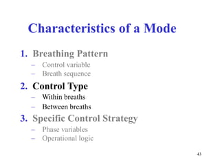 CharacteristicsofaMode1.BreathingPattern–Controlvariable–Breathsequence2.ControlType–Withinbreaths–Betweenbreaths3.SpecificControlStrategy–Phasevariables–Operationallogic43