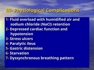 III- Physiological Complications
III- Physiological Complications
1-
1- Fluid overload with humidified air and
Fluid overload with humidified air and
sodium chloride (NaCl) retention
sodium chloride (NaCl) retention
2-
2- Depressed cardiac function and
Depressed cardiac function and
hypotension
hypotension
3-
3- Stress ulcers
Stress ulcers
4-
4- Paralytic ileus
Paralytic ileus
5-
5- Gastric distension
Gastric distension
6-
6- Starvation
Starvation
7-
7- Dyssynchronous breathing pattern
Dyssynchronous breathing pattern
 