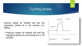 Cycling phase
16
Volume cycled (or limited) will end the
inspiratory phase at a set volume (i.e.
500cc).
• Pressure cycled (or limited) will end the
inspiratory phase at a set pressure (i.e. 30
cmH20).
 