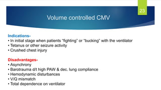 Volume controlled CMV
23
Indications-
• In initial stage when patients “fighting” or “bucking” with the ventilator
• Tetanus or other seizure activity
• Crushed chest injury
Disadvantages-
• Asynchrony
• Barotrauma d/t high PAW & dec. lung compliance
• Hemodynamic disturbances
• V/Q mismatch
• Total dependence on ventilator
 