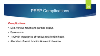 PEEP Complications
36
Complications
• Dec. venous return and cardiac output.
• Barotrauma
•  ICP d/t impedance of venous return from head.
• Alteration of renal function & water imbalance.
 
