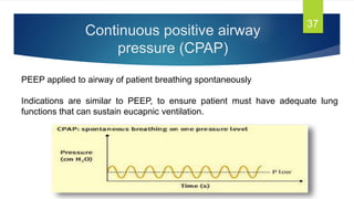 Continuous positive airway
pressure (CPAP)
37
PEEP applied to airway of patient breathing spontaneously
Indications are similar to PEEP, to ensure patient must have adequate lung
functions that can sustain eucapnic ventilation.
 