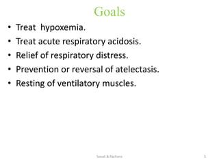 Goals
• Treat hypoxemia.
• Treat acute respiratory acidosis.
• Relief of respiratory distress.
• Prevention or reversal of atelectasis.
• Resting of ventilatory muscles.
Sonali & Rachana 5
 