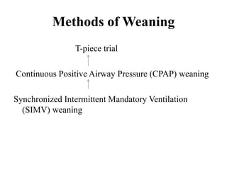 Methods of Weaning
T-piece trial
Continuous Positive Airway Pressure (CPAP) weaning
Synchronized Intermittent Mandatory Ventilation
(SIMV) weaning
 