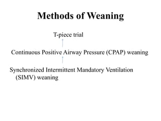 Methods of Weaning
T-piece trial
Continuous Positive Airway Pressure (CPAP) weaning
Synchronized Intermittent Mandatory Ventilation
(SIMV) weaning
 