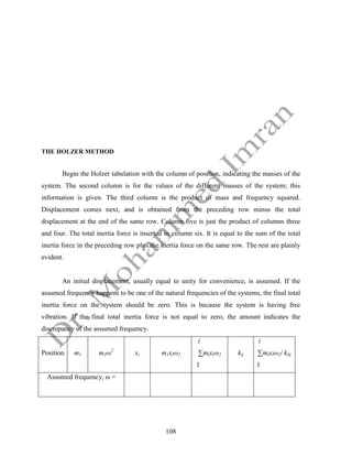 108
THE HOLZER METHOD
Begin the Holzer tabulation with the column of position, indicating the masses of the
system. The second column is for the values of the different masses of the system; this
information is given. The third column is the product of mass and frequency squared.
Displacement comes next, and is obtained from the preceding row minus the total
displacement at the end of the same row. Column five is just the product of columns three
and four. The total inertia force is inserted in column six. It is equal to the sum of the total
inertia force in the preceding row plus the inertia force on the same row. The rest are plainly
evident.
An initial displacement, usually equal to unity for convenience, is assumed. If the
assumed frequency happens to be one of the natural frequencies of the systems, the final total
inertia force on the system should be zero. This is because the system is having free
vibration. If the final total inertia force is not equal to zero, the amount indicates the
discrepancy of the assumed frequency.
Position m1 m1ω2
xi m1xiω2
i
∑mixiω2
1
kij
i
∑mixiω2/ kiij
1
Assumed frequency, ω =
 