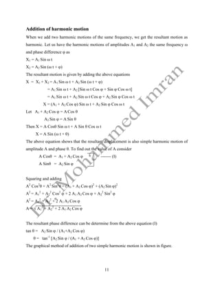 11
Addition of harmonic motion
When we add two harmonic motions of the same frequency, we get the resultant motion as
harmonic. Let us have the harmonic motions of amplitudes A1 and A2 the same frequency ω
and phase difference φ as
X1 = A1 Sin ω t
X2 = A2 Sin (ω t + φ)
The resultant motion is given by adding the above equations
X = X1 + X2 = A1 Sin ω t + A2 Sin (ω t + φ)
= A1 Sin ω t + A2 [Sin ω t Cos φ + Sin φ Cos ω t]
= A1 Sin ω t + A2 Sin ω t Cos φ + A2 Sin φ Cos ω t
X = (A1 + A2 Cos φ) Sin ω t + A2 Sin φ Cos ω t
Let A1 + A2 Cos φ = A Cos θ
A2 Sin φ = A Sin θ
Then X = A Cosθ Sin ω t + A Sin θ Cos ω t
X = A Sin (ω t + θ)
The above equation shows that the resultant displacement is also simple harmonic motion of
amplitude A and phase θ. To find out the value of A consider
A Cosθ = A1 + A2 Cos φ ------- (I)
A Sinθ = A2 Sin φ
Squaring and adding
A2
Cos2
θ + A2
Sin2
θ = (A1 + A2 Cos φ)2
+ (A2 Sin φ)2
A2
= A1
2
+ A2
2
Cos2
φ + 2 A1 A2 Cos φ + A2
2
Sin2
φ
A2
= A1
2
+ A2
2
+ 2 A1 A2 Cos φ
A = √ A1
2
+ A2
2
+ 2 A1 A2 Cos φ
The resultant phase difference can be determine from the above equation (I)
tan θ = A2 Sin φ / (A1+A2 Cos φ)
θ = tan-1
[A2 Sin φ / (A1 + A2 Cos φ)]
The graphical method of addition of two simple harmonic motion is shown in figure.
 