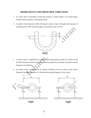 37
PROBLEMS ON UNDAMPED FREE VIBRATIONS
1. A U tube, open to atmosphere at both ends contains a column length L of a certain liquid.
Find the natural frequency of the liquid column.
2. A simple U tube monometer filled with liquid is shown in fig (1).Calculate the frequency of
resulting motion. If the minimum length of a monometer tube is 0.15m.
3. A electric motor is supported by 4 springs each having spring constant K as shown in fig
(2).If the Moment of inertia of the motor about the central axis of rotation is Jo find its natural
frequency of oscillations.
4. An electric motor is supported by six springs of stiffness K each as shown in Fig (3).The
Moment of inertia of the motor is I. Determine the natural frequency of the system.
 