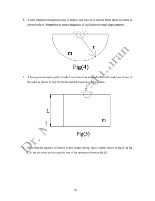 38
5. A semi circular homogeneous disk of radius r and mass m is pivoted freely about its centre as
shown in fig (4).Determine its natural frequency of oscillation for small displacements.
6. A homogeneous square plate of side L and mass m is suspended from the mid point of one of
the sides as shown in fig (5).Find the natural frequency of the system.
7. Show that the equation of motion of two simple spring- mass systems shown in fig (1) & fig
(2) - are the same and are equal to that of the system as shown in fig (3).
 