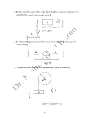 41
12. Find the natural frequency of the single degree freedom system shown in figure. The
rod AOB of the system is light, straight and stiff.
13. Find the natural frequency of motion for the system shown in fig (10). If the cylinder rolls
without slipping
14. Determine the natural frequency of the spring mass pully system as shown in fig.
 