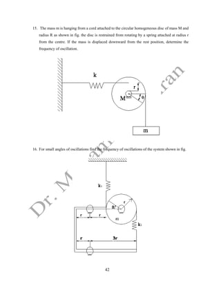 42
15. The mass m is hanging from a cord attached to the circular homogeneous disc of mass M and
radius R as shown in fig. the disc is restrained from rotating by a spring attached at radius r
from the centre. If the mass is displaced downward from the rest position, determine the
frequency of oscillation.
16. For small angles of oscillations find the frequency of oscillations of the system shown in fig.
 