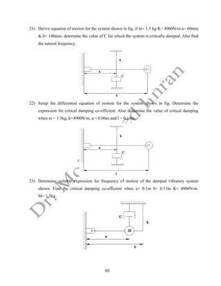 60
21) Derive equation of motion for the system shown in fig. if m= 1.5 kg K= 4900N/m a= 60mm
& b= 140mm. determine the value of C for which the system is critically damped. Also find
the natural frequency.
22) Setup the differential equation of motion for the system shown in fig. Determine the
expression for critical damping co-efficient. Also determine the value of critical damping
when m = 1.5kg, k=4900N/m, a = 0.06m and l = 0.14m.
23) Determine suitable expression for frequency of motion of the damped vibratory system
shown. Find the critical damping co-efficient when a= 0.1m b= 0.13m K= 4900N/m.
M= 1.5kg.
 