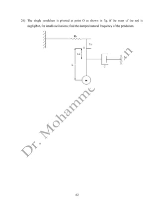 62
26) The single pendulum is pivoted at point O as shown in fig. if the mass of the rod is
negligible, for small oscillations; find the damped natural frequency of the pendulum.
 