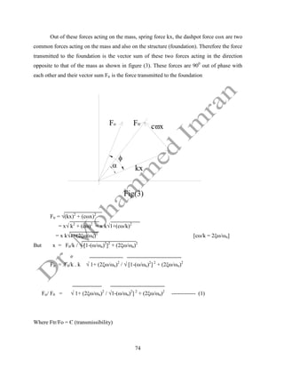 74
Out of these forces acting on the mass, spring force kx, the dashpot force cωx are two
common forces acting on the mass and also on the structure (foundation). Therefore the force
transmitted to the foundation is the vector sum of these two forces acting in the direction
opposite to that of the mass as shown in figure (3). These forces are 900
out of phase with
each other and their vector sum Ftr is the force transmitted to the foundation
Fo Ftr
cx
kx


Fig(3)
Ftr = √(kx)2
+ (cωx)2
= x√ k2
+ (cω)2
= x k√1+(cω/k)2
= x k√1+(2ξω/ωn)2
[cω/k = 2ξω/ωn]
But x = F0/k / √ [1-(ω/ωn)2
]2
+ (2ξω/ωn)2
Ftr = F0/k . k √ 1+ (2ξω/ωn)2
/ √ [1-(ω/ωn)2
] 2
+ (2ξω/ωn)2
Ftr/ F0 = √ 1+ (2ξω/ωn)2
/ √1-(ω/ωn)2
] 2
+ (2ξω/ωn)2
------------- (1)
Where Ftr/Fo = Є (transmissibility)
 