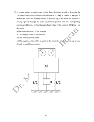 86
17) A counterrotating eccentric mass exciter shown in figure is used to determine the
vibrational characteristics of a structure of mass of 181.4 kg, at a speed of 900 rpm. A
stroboscops shows the eccentric masses to be at the top at the instant the structure is
moving upward through its static equilibrium position and the corresponding
amplitude is 21.6mm.s if the unbalance of each wheel of the exciter is 0.0921kgs – m.
determine
i) The natural frequency of the structure
ii) The damping factor of the structure
iii) The amplitude at 1200 rpm
iv) The angular position of the eccentric at the instant the structure is moving upward
through its equilibrium position.
 