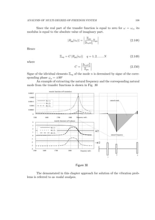 ANALYSIS OF MULTI-DEGREE-OF-FREEDOM SYSTEM 108
Since the real part of the transfer function is equal to zero for ω = ωn, its
modulus is equal to the absolute value of imaginary part.
|Rpq(iω)| =
¯
¯
¯
¯
Ξpn
2ςnω2
n
Ξqn
¯
¯
¯
¯ (2.148)
Hence
Ξnq = C |Rpq(iω)| q = 1, 2, .......N (2.149)
where
C =
¯
¯
¯
¯
2ςnω2
n
Ξpn
¯
¯
¯
¯ (2.150)
Signe of the idividual elements Ξnq of the mode n is deremined by signe of the corre-
sponding phase ϕn = ±90o
An example of extracting the natural frequency and the corresponding natural
mode from the transfer functions is shown in Fig. 30
0
0.00005
0.0001
0.00015
0.0002
0.00025
1500 1600 1700 1800 frequency rad/s
transfer functions m/N (modulus)
R(1,1)
R(1,2)
R(1,3)
-4
-3
-2
-1
0
1
2
3
4
1500 1600 1700 1800 frequency rad/s
transfer functions m/N (phase)
R(1,1)
R(1,2)
R(1,3)
π/2
−π/2
1
2 3
natural frequency
natural mode
Figure 30
The demonstated in this chapter approach for solution of the vibration prob-
lems is referred to as modal analysis.
 