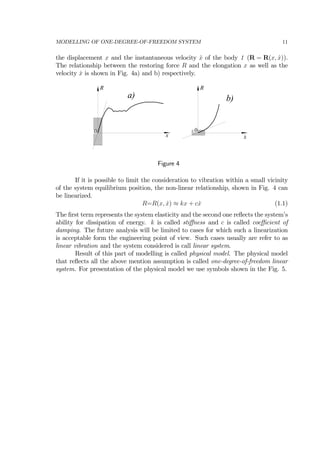 MODELLING OF ONE-DEGREE-OF-FREEDOM SYSTEM 11
the displacement x and the instantaneous velocity ˙x of the body 1 (R = R(x, ˙x)).
The relationship between the restoring force R and the elongation x as well as the
velocity ˙x is shown in Fig. 4a) and b) respectively.
x x
.
R R
0 0
a) b)
Figure 4
If it is possible to limit the consideration to vibration within a small vicinity
of the system equilibrium position, the non-linear relationship, shown in Fig. 4 can
be linearized.
R=R(x, ˙x) ≈ kx + c ˙x (1.1)
The ﬁrst term represents the system elasticity and the second one reﬂects the system’s
ability for dissipation of energy. k is called stiﬀness and c is called coeﬃcient of
damping. The future analysis will be limited to cases for which such a linearization
is acceptable form the engineering point of view. Such cases usually are refer to as
linear vibration and the system considered is call linear system.
Result of this part of modelling is called physical model. The physical model
that reﬂects all the above mention assumption is called one-degree-of-freedom linear
system. For presentation of the physical model we use symbols shown in the Fig. 5.
 
