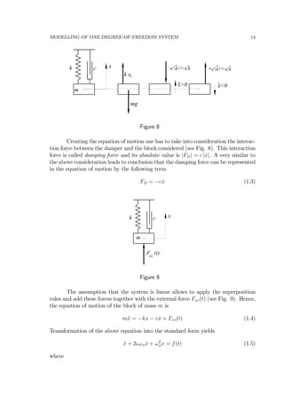 MODELLING OF ONE-DEGREE-OF-FREEDOM SYSTEM 14
k
m
c x
mg
sk x
-cx=-cx
x>0 x<0
. .
.
+cx=-cx
. .
.
Figure 8
Creating the equation of motion one has to take into consideration the interac-
tion force between the damper and the block considered (see Fig. 8). This interaction
force is called damping force and its absolute value is |FD| = c | ˙x| . A very similar to
the above consideration leads to conclusion that the damping force can be represented
in the equation of motion by the following term
FD = −c ˙x (1.3)
k
m
c x
F (t)ex
Figure 9
The assumption that the system is linear allows to apply the superposition
rules and add these forces together with the external force Fex(t) (see Fig. 9). Hence,
the equation of motion of the block of mass m is
m¨x = −kx − c ˙x + Fex(t) (1.4)
Transformation of the above equation into the standard form yields
¨x + 2ςωn ˙x + ω2
nx = f(t) (1.5)
where
 