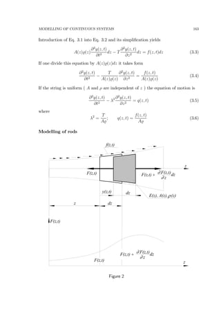 MODELLING OF CONTINUOUS SYSTEMS 163
Introduction of Eq. 3.1 into Eq. 3.2 and its simpliﬁcation yields
A(z) (z)
∂2
y(z, t)
∂t2
dz − T
∂2
y(z, t)
∂z2
dz = f(z, t)dz (3.3)
If one divide this equation by A(z) (z)dz it takes form
∂2
y(z, t)
∂t2
−
T
A(z) (z)
∂2
y(z, t)
∂z2
=
f(z, t)
A(z) (z)
(3.4)
If the string is uniform ( A and ρ are independent of z ) the equation of motion is
∂2
y(z, t)
∂t2
− λ2 ∂2
y(z, t)
∂z2
= q(z, t) (3.5)
where
λ2
=
T
A
; q(z, t) =
f(z, t)
A
(3.6)
Modelling of rods
y(z,t)
dz
f(z,t)
z
z
ρE(z), A(z), (z)
dz
F(z,t) F(z,t)∂
z∂
dz+F(z,t)
z
F(z,t)
F(z,t)
F(z,t)∂
z∂
dz+F(z,t)
Figure 2
 