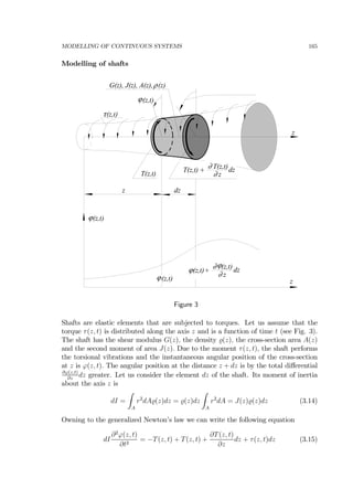 MODELLING OF CONTINUOUS SYSTEMS 165
Modelling of shafts
z
dzz
z
ρG(z), J(z), A(z), (z)
T(z,t)
(z,t)
(z,t)ϕ
(z,t)τ
T(z,t)∂
z∂
dz+T(z,t)
ϕ
(z,t)∂
z∂
dz+(z,t)
ϕ
ϕ
(z,t)ϕ
Figure 3
Shafts are elastic elements that are subjected to torques. Let us assume that the
torque τ(z, t) is distributed along the axis z and is a function of time t (see Fig. 3).
The shaft has the shear modulus G(z), the density (z), the cross-section area A(z)
and the second moment of area J(z). Due to the moment τ(z, t), the shaft performs
the torsional vibrations and the instantaneous angular position of the cross-section
at z is ϕ(z, t). The angular position at the distance z + dz is by the total diﬀerential
∂ϕ(z,t)
∂z
dz greater. Let us consider the element dz of the shaft. Its moment of inertia
about the axis z is
dI =
Z
A
r2
dA (z)dz = (z)dz
Z
A
r2
dA = J(z) (z)dz (3.14)
Owning to the generalized Newton’s law we can write the following equation
dI
∂2
ϕ(z, t)
∂t2
= −T(z, t) + T(z, t) +
∂T(z, t)
∂z
dz + τ(z, t)dz (3.15)
 
