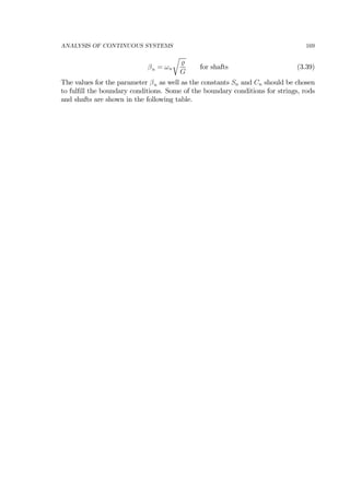 ANALYSIS OF CONTINUOUS SYSTEMS 169
βn = ωn
r
G
for shafts (3.39)
The values for the parameter βn as well as the constants Sn and Cn should be chosen
to fulﬁll the boundary conditions. Some of the boundary conditions for strings, rods
and shafts are shown in the following table.
 