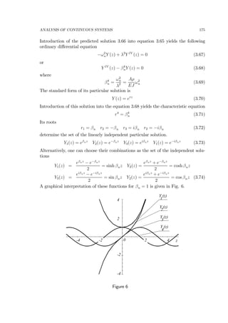 ANALYSIS OF CONTINUOUS SYSTEMS 175
Introduction of the predicted solution 3.66 into equation 3.65 yields the following
ordinary diﬀerential equation
−ω2
nY (z) + λ2
Y IV
(z) = 0 (3.67)
or
Y IV
(z) − β4
nY (z) = 0 (3.68)
where
β4
n =
ω2
n
λ2 =
Aρ
EJ
ω2
n (3.69)
The standard form of its particular solution is
Y (z) = erz
(3.70)
Introduction of this solution into the equation 3.68 yields the characteristic equation
r4
= β4
n (3.71)
Its roots
r1 = βn r2 = −βn r3 = iβn r2 = −iβn (3.72)
determine the set of the linearly independent particular solution.
Y1(z) = eβnz
Y2(z) = e−βnz
Y3(z) = eiβnz
Y1(z) = e−iβnz
(3.73)
Alternatively, one can choose their combinations as the set of the independent solu-
tions
Y1(z) =
eβnz
− e−βnz
2
= sinh βnz Y2(z) =
eβnz
+ e−βnz
2
= cosh βnz
Y3(z) =
eiβnz
− e−iβnz
2
= sin βnz Y2(z) =
eiβnz
+ e−iβnz
2
= cos βnz (3.74)
A graphical interpretation of these functions for βn = 1 is given in Fig. 6.
-4
-2
0
2
4
-4 -2 2 4 z
Y (z)
1
Y (z)
2
Y (z)
3
Y (z)
4
Figure 6
 