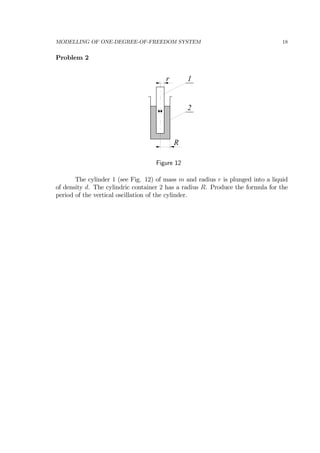 MODELLING OF ONE-DEGREE-OF-FREEDOM SYSTEM 18
Problem 2
r
R
1
2
Figure 12
The cylinder 1 (see Fig. 12) of mass m and radius r is plunged into a liquid
of density d. The cylindric container 2 has a radius R. Produce the formula for the
period of the vertical oscillation of the cylinder.
 