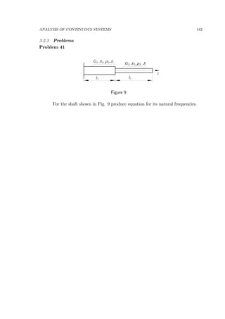ANALYSIS OF CONTINUOUS SYSTEMS 182
3.2.3 Problems
Problem 41
z
G1, A1, ρ1, J1
G2, A2, ρ2, J2
l1 l2
Figure 9
For the shaft shown in Fig. 9 produce equation for its natural frequencies.
 