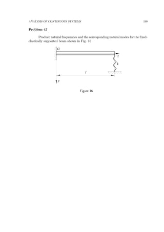 ANALYSIS OF CONTINUOUS SYSTEMS 190
Problem 43
Produce natural frequencies and the corresponding natural modes for the ﬁxed-
elastically supported beam shown in Fig. 16
z
l
k
y
O
Figure 16
 