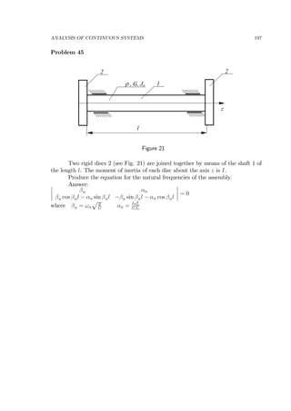 ANALYSIS OF CONTINUOUS SYSTEMS 197
Problem 45
ρ , G, Jo
l
1
2
z
2
Figure 21
Two rigid discs 2 (see Fig. 21) are joined together by means of the shaft 1 of
the length l. The moment of inertia of each disc about the axis z is I.
Produce the equation for the natural frequencies of the assembly.
Answer:¯
¯
¯
¯
βn αn
βn cos βnl − αn sin βnl −βn sin βnl − αn cos βnl
¯
¯
¯
¯ = 0
where βn = ωn
p
G
αn = Iω2
n
GJo
 