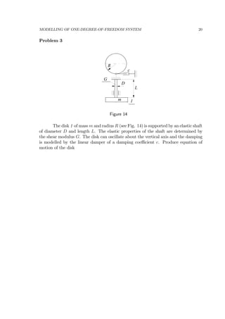 MODELLING OF ONE-DEGREE-OF-FREEDOM SYSTEM 20
Problem 3
c
R
G
D
L
m 1
Figure 14
The disk 1 of mass m and radius R (see Fig. 14) is supported by an elastic shaft
of diameter D and length L. The elastic properties of the shaft are determined by
the shear modulus G. The disk can oscillate about the vertical axis and the damping
is modelled by the linear damper of a damping coeﬃcient c. Produce equation of
motion of the disk
 