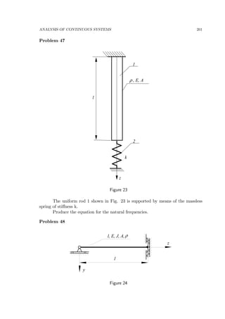 ANALYSIS OF CONTINUOUS SYSTEMS 201
Problem 47
ρ , E, A
l
1
z
2
k
Figure 23
The uniform rod 1 shown in Fig. 23 is supported by means of the massless
spring of stiﬀness k.
Produce the equation for the natural frequencies.
Problem 48
y
z
l, E, J, A,ρ
l
Figure 24
 