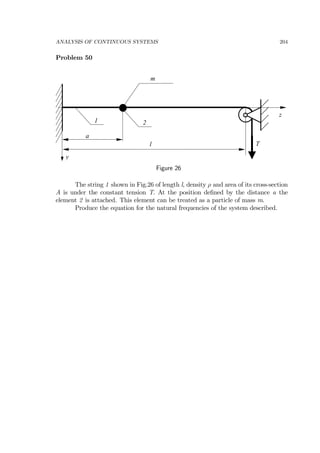 ANALYSIS OF CONTINUOUS SYSTEMS 204
Problem 50
l
1 2
z
T
y
m
a
Figure 26
The string 1 shown in Fig.26 of length l, density ρ and area of its cross-section
A is under the constant tension T. At the position deﬁned by the distance a the
element 2 is attached. This element can be treated as a particle of mass m.
Produce the equation for the natural frequencies of the system described.
 