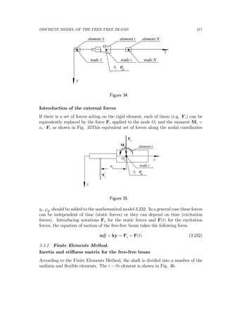 DISCRETE MODEL OF THE FREE-FREE BEAMS 217
z
y
element 1 element Nelement i
node 1 node Nnode i
yi ϕ
yi
Oi
Figure 34
Introduction of the external forces
If there is a set of forces acting on the rigid element, each of them (e.g. Fi) can be
equivalently replaced by the force Fi applied to the node Oi and the moment Mi =
ai · Fi as shown in Fig. 35This equivalent set of forces along the nodal coordinates
z
y
element i
node i
yi ϕyi
Oi
ai
Fi
Fi
Mi
Figure 35
yi, ϕyi should be added to the mathematical model 3.232. In a general case these forces
can be independent of time (static forces) or they can depend on time (excitation
forces). Introducing notations Fs for the static forces and F(t) for the excitation
forces, the equation of motion of the free-free beam takes the following form.
m¨y + ky = Fs + F(t) (3.232)
3.3.2 Finite Elements Method.
Inertia and stiﬀness matrix for the free-free beam
According to the Finite Elements Method, the shaft is divided into a number of the
uniform and ﬂexible elements. The i − th element is shown in Fig. 36.
 