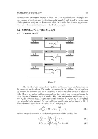 MODELLING OF THE OBJECT 239
to smooth and extend the impulse of force. Both, the acceleration of the object and
the impulse of the force can be simultaneously recorded and stored in the memory
of the spectrum analyzer 10. These data allow the transfer functions to be produced
and sent to the personal computer 11 for further analysis.
4.2 MODELLING OF THE OBJECT
4.2.1 Physical model
x3 m3
k3
c3
x2 m2
k2
c2
x1 m1
k1
c1
Figure 2
The base 1, which is considered rigid and motionless, forms a reference system
for measuring its vibrations. The blocks 2 are assumed to be rigid and the springs 3 are
by assumption massless. Motion of the blocks is restricted to one horizontal direction
only. Hence, according to these assumptions, the system can be approximated by
three degrees of freedom physical model. The three independent coordinates x1, x2
and x3 are shown in Fig.2. Magnitudes of the stuﬃness k1, k2 and k3 of the springs
can be analytically assessed. To this end let us consider one spring shown in Fig. 3
The diﬀerential equation of the deﬂection of the spring is
EJ
d2
x
dz2
= M − Fz =
FH
2
− Fz (4.1)
Double integration results in the following equation of the bending line.
EJ
dx
dz
=
FH
2
z −
F
2
z2
+ A (4.2)
EJx =
FH
4
z2
−
F
6
z3
+ Az + B (4.3)
 