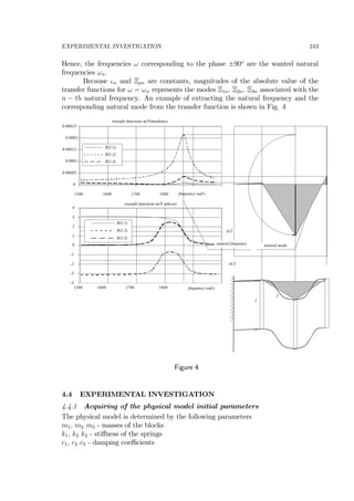 EXPERIMENTAL INVESTIGATION 243
Hence, the frequencies ω corresponding to the phase ±90o
are the wanted natural
frequencies ωn.
Because ςn and Ξpn are constants, magnitudes of the absolute value of the
transfer functions for ω = ωn represents the modes Ξ1n, Ξ2n, Ξ3n associated with the
n − th natural frequency. An example of extracting the natural frequency and the
corresponding natural mode from the transfer function is shown in Fig. 4
0
0.00005
0.0001
0.00015
0.0002
0.00025
1500 1600 1700 1800 frequency rad/s
transfer functions m/N(modulus)
R(1,1)
R(1,2)
R(1,3)
-4
-3
-2
-1
0
1
2
3
4
1500 1600 1700 1800 frequency rad/s
transfer functions m/N (phase)
R(1,1)
R(1,2)
R(1,3)
π/2
−π/2
natural frequency natural mode
1
2
Figure 4
4.4 EXPERIMENTAL INVESTIGATION
4.4.1 Acquiring of the physical model initial parameters
The physical model is determined by the following parameters
m1, m2 m3 - masses of the blocks
k1, k2 k3 - stiﬀness of the springs
c1, c2 c3 - damping coeﬃcients
 