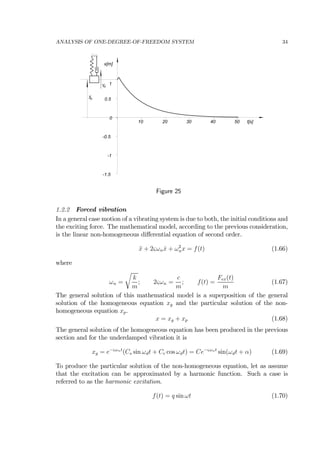 ANALYSIS OF ONE-DEGREE-OF-FREEDOM SYSTEM 34
-1.5
-1
-0.5
0
0.5
1
10 20 30 40 50
x[m]
t[s]
vo
xo
Figure 25
1.2.2 Forced vibration
In a general case motion of a vibrating system is due to both, the initial conditions and
the exciting force. The mathematical model, according to the previous consideration,
is the linear non-homogeneous diﬀerential equation of second order.
¨x + 2ςωn ˙x + ω2
nx = f(t) (1.66)
where
ωn =
r
k
m
; 2ςωn =
c
m
; f(t) =
Fex(t)
m
(1.67)
The general solution of this mathematical model is a superposition of the general
solution of the homogeneous equation xg and the particular solution of the non-
homogeneous equation xp.
x = xg + xp (1.68)
The general solution of the homogeneous equation has been produced in the previous
section and for the underdamped vibration it is
xg = e−ςωnt
(Cs sin ωdt + Cc cos ωdt) = Ce−ςωnt
sin(ωdt + α) (1.69)
To produce the particular solution of the non-homogeneous equation, let as assume
that the excitation can be approximated by a harmonic function. Such a case is
referred to as the harmonic excitation.
f(t) = q sin ωt (1.70)
 