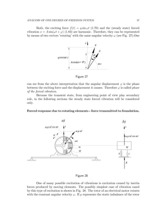 ANALYSIS OF ONE-DEGREE-OF-FREEDOM SYSTEM 37
Both, the exciting force f(t) = q sin ωt (1.70) and the (steady state) forced
vibration x = A sin(ωt + ϕ) (1.83) are harmonic. Therefore, they can be represented
by means of two vectors ’rotating’ with the same angular velocity ω (see Fig. 27).One
x
A
ω t
ϕ
q
Asin( t+ )ϕω
qsin( t )ω
Figure 27
can see from the above interpretation that the angular displacement ϕ is the phase
between the exciting force and the displacement it causes. Therefore ϕ is called phase
of the forced vibration.
Because the transient state, from engineering point of view play secondary
role, in the following sections the steady state forced vibration will be considered
only.
Forced response due to rotating elements - force transmitted to foundation.
x
µ
ω t
mµ ω2
sinω t x
M
m
mµ ω2
sinω t
M
k c
R
mµ ω2
a) b)
Figure 28
One of many possible excitation of vibrations is excitation caused by inertia
forces produced by moving elements. The possibly simplest case of vibration cased
by this type of excitation is shown in Fig. 28. The rotor of an electrical motor rotates
with the constant angular velocity ω. If µ represents the static imbalance of the rotor
 