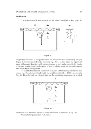 ANALYSIS OF ONE-DEGREE-OF-FREEDOM SYSTEM 50
Problem 10
The power winch W was mounted on the truss T as shown in Fig. 37a) To
T
R
W k
m
c
x
a) b)
Figure 37
analyze the vibrations of the power winch the installation was modelled by the one
degree of freedom physical model shown in Fig. 38b). In this ﬁgure the equivalent
mass, stiﬀness and damping coeﬃcient are denoted by m, k and c respectively. Origin
of the axis x coincides with the centre of gravity of the weight m when the system
rests in its equilibrium position.
To identify the unknown parameters m, k, and c, the following experiment was
carried out. The winch was loaded with the weight equal to M1 = 1000kg as shown in
Fig. 38. Then the load was released allowing the installation to perform the vertical
T
R
W
Ml
L
Figure 38
oscillations in x direction. Record of those oscillations is presented in Fig. 39.
Calculate the parameters m, k, and c.
 