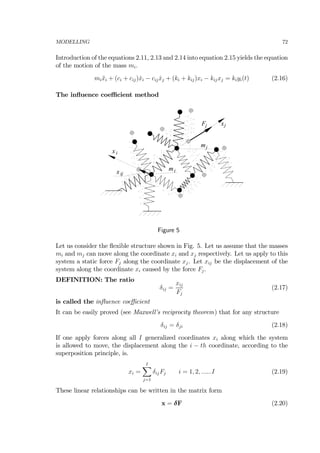 MODELLING 72
Introduction of the equations 2.11, 2.13 and 2.14 into equation 2.15 yields the equation
of the motion of the mass mi.
mi¨xi + (ci + cij) ˙xi − cij ˙xj + (ki + kij)xi − kijxj = kiyi(t) (2.16)
The inﬂuence coeﬃcient method
mj
mi
Fj xj
xi
xij
Figure 5
Let us consider the ﬂexible structure shown in Fig. 5. Let us assume that the masses
mi and mj can move along the coordinate xi and xj respectively. Let us apply to this
system a static force Fj along the coordinate xj. Let xij be the displacement of the
system along the coordinate xi caused by the force Fj.
DEFINITION: The ratio
δij =
xij
Fj
(2.17)
is called the inﬂuence coeﬃcient
It can be easily proved (see Maxwell’s reciprocity theorem) that for any structure
δij = δji (2.18)
If one apply forces along all I generalized coordinates xi along which the system
is allowed to move, the displacement along the i − th coordinate, according to the
superposition principle, is.
xi =
IX
j=1
δijFj i = 1, 2, ......I (2.19)
These linear relationships can be written in the matrix form
x = δF (2.20)
 