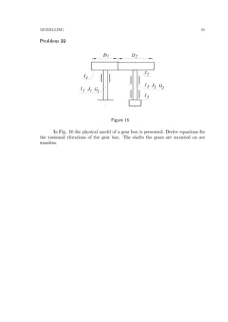 MODELLING 85
Problem 22
D
I1
I2
I3
J2l 2 G2J1l 1 G1
1 D2
Figure 16
In Fig. 16 the physical model of a gear box is presented. Derive equations for
the torsional vibrations of the gear box. The shafts the gears are mounted on are
massless.
 