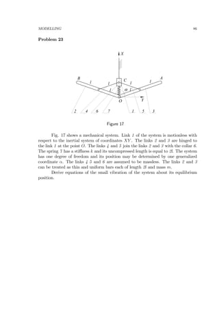 MODELLING 86
Problem 23
B
O Y
X
C
α
ll
l
l l
l
A
12 34 56 7
Figure 17
Fig. 17 shows a mechanical system. Link 1 of the system is motionless with
respect to the inertial system of coordinates XY . The links 2 and 3 are hinged to
the link 1 at the point O. The links 4 and 5 join the links 2 and 3 with the collar 6.
The spring 7 has a stiﬀness k and its uncompressed length is equal to 2l. The system
has one degree of freedom and its position may be determined by one generalized
coordinate α. The links 4 5 and 6 are assumed to be massless. The links 2 and 3
can be treated as thin and uniform bars each of length 2l and mass m.
Derive equations of the small vibration of the system about its equilibrium
position.
 