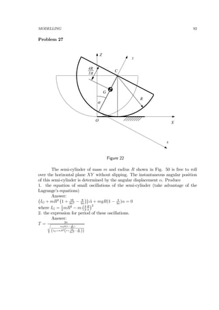 MODELLING 92
Problem 27
Z
X
x
z
G
C
R
4R
3π
O
α
Figure 22
The semi-cylinder of mass m and radius R shown in Fig. 50 is free to roll
over the horizontal plane XY without slipping. The instantaneous angular position
of this semi-cylinder is determined by the angular displacement α. Produce
1. the equation of small oscillations of the semi-cylinder (take advantage of the
Lagrange’s equations)
Answer:¡
IG + mR2
¡
1 + 16
9π2 − 8
3π
¢¢
¨α + mgR(1 − 4
3π
)α = 0
where IG = 1
2
mR2
− m
¡4
3
R
π
¢2
2. the expression for period of these oscillations.
Answer:
T = 2π
mgR(1− 4
3π )
(IG+mR2
(1+ 16
9π2 − 8
3π ))
 