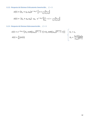 12
1.2.2- Resposta do Sistema Criticamente Amortecido , 𝝃 = 𝟏
𝑥( 𝑡) = [ 𝑥̇ 𝑜 + 𝑥0 𝜔 𝑛] 𝑒− 𝜔 𝑛 𝑡
[ 𝑡 +
𝑥 𝑜
𝑥̇ 𝑜+𝑥0 𝜔 𝑛
]
𝑥̇( 𝑡) = [ 𝑥̇ 𝑜 + 𝑥0 𝜔 𝑛] ⋅ 𝜔 𝑛 ⋅ 𝑒− 𝜔 𝑛 𝑡
[
1
𝜔 𝑛
− 𝑡 −
𝑥 𝑜
𝑥̇ 𝑜+𝑥0 𝜔 𝑛
]
1.2.3- Resposta do Sistema Sobreamortecido , 𝝃 > 𝟏
𝑥( 𝑡) = 𝑒− 𝜉𝜔 𝑛 𝑡
[ A1 cosh(𝜔 𝑛√𝜉2 − 1 𝑡) +A2 sinh(𝜔 𝑛√𝜉2 − 1 𝑡) ] A1 = 𝑥 𝑜
𝑥̇( 𝑡) =
𝑑
𝑑𝑡
[𝑥( 𝑡)] A2 =
𝑥̇ 𝑜+𝜉𝜔 𝑛 𝑥 𝑜
𝜔 𝑛√𝜉2−1
 