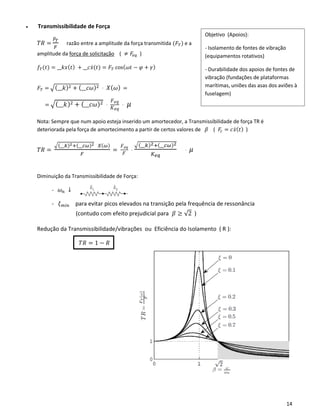 14
Objetivo (Apoios):
- Isolamento de fontes de vibração
(equipamentos rotativos)
- Durabilidade dos apoios de fontes de
vibração (fundações de plataformas
marítimas, uniões das asas dos aviões à
fuselagem)
-
• Transmissibilidade de Força
𝑇𝑅 =
𝐹𝑇
𝐹
razão entre a amplitude da força transmitida (𝐹 𝑇) e a
amplitude da força de solicitação ( ≠ 𝐹𝑒𝑞 )
𝑓𝑇(𝑡) = __𝑘𝑥( 𝑡) + __𝑐𝑥̇( 𝑡) = 𝐹 𝑇 cos( 𝜔𝑡 − 𝜑 + 𝛾)
𝐹 𝑇 = √(__𝑘)2 + (__𝑐𝜔)2 ⋅ 𝑋( 𝜔) =
= √(__𝑘)2 + (__𝑐𝜔)2 ⋅
𝐹 𝑒𝑞
𝐾 𝑒𝑞
⋅ 𝜇
Nota: Sempre que num apoio esteja inserido um amortecedor, a Transmissibilidade de força TR é
deteriorada pela força de amortecimento a partir de certos valores de 𝛽 ( 𝐹𝑐 = 𝑐𝑥̇( 𝑡) )
𝑇𝑅 =
√(__𝑘)2+(__𝑐𝜔)2 𝑋(𝜔)
𝐹
=
𝐹 𝑒𝑞
𝐹
⋅
√(__𝑘)2+(__𝑐𝜔)2
𝐾 𝑒𝑞
⋅ 𝜇
Diminuição da Transmissibilidade de Força:
- 𝜔 𝑛 ↓
- 𝜉 𝑚𝑖𝑛 para evitar picos elevados na transição pela frequência de ressonância
(contudo com efeito prejudicial para 𝛽 ≥ √2 )
Redução da Transmissibilidade/vibrações ou Eficiência do Isolamento ( R ):
𝑇𝑅 = 1 − 𝑅
 