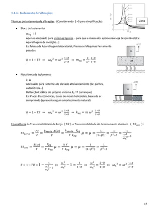 17
Zona
de
1.4.4- Isolamento de Vibrações
Técnicas de Isolamento de Vibrações (Considerando ξ =0 para simplificação):
• Bloco de Isolamento
𝑚 𝑒𝑞 ↑↑
Apenas adequado para sistemas ligeiros - para que a massa dos apoios nao seja desprezável (Ex:
Aparelhagem de medição...)
Ex: Mesas de Aparelhagem laboratorial, Prensas e Máquinas Ferramenta
pesadas
𝑅 = 1 − 𝑇𝑅 ⇒ 𝜔 𝑛
2
= 𝜔 2 1−𝑅
2−𝑅
⇒ 𝑚 𝑒𝑞 =
𝑘
𝜔2
2−𝑅
1−𝑅
• Plataforma de Isolamento
𝑘 ↓↓
Adequado para sistemas de elevado atravancamento (Ex: pontes,
automóveis...)
Deflecção Estática do próprio sistema 𝑋𝑆 ↑↑ (arranque)
Ex: Placas Elastoméricas, bases de moals helicoidais, bases de ar
comprimido (apresenta algum amortecimento natural)
𝑅 = 1 − 𝑇𝑅 ⇒ 𝜔 𝑛
2
= 𝜔 2 1−𝑅
2−𝑅
⇒ 𝑘 𝑒𝑞 = 𝑚 𝜔2 1−𝑅
2−𝑅
Equivalência da Transmissibilidade de Força ( 𝑇𝑅 ) e Transmissibilidade de deslocamento absoluto ( 𝑇𝑅 𝑎𝑏𝑠 ) :
𝑇𝑅𝑓𝑜𝑟ç𝑎 =
𝐹 𝑇
𝐹
=
𝑘 𝑚𝑜𝑙𝑎 𝑋(𝜔)
𝐹
=
𝑘 𝑚𝑜𝑙𝑎 𝐹𝑒𝑞
𝐹 𝑘 𝑒𝑞
𝜇 = 𝜇 =
1
|1−𝛽2|
=
1
𝛽2−1
=
1
𝜔2
𝜔 𝑛
2−1
𝑇𝑅 𝑎𝑏𝑠 =
𝑋(𝜔)
𝑌
=
𝐹𝑒𝑞
𝑌 𝑘 𝑒𝑞
𝜇 =
𝑘 𝑌
𝑌 𝑘 𝑒𝑞
𝜇 = 𝜇 =
1
|1−𝛽2|
=
1
𝛽2−1
𝑅 = 1 − 𝑇𝑅 = 1 −
1
𝜔 2
𝜔 𝑛
2−1
⇔
𝜔 2
𝜔 𝑛
2 − 1 =
1
1−𝑅
⇔
𝜔 2
𝜔 𝑛
2 =
2−𝑅
1−𝑅
⇔ 𝜔 𝑛
2
= 𝜔 2 1−𝑅
2−𝑅
 