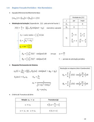 19
1.4- Regime Forçado Periódico - Não Harmônico
• Equação Diferencial do Movimento Base:
[ 𝑚 𝑒𝑞 ] 𝑥̈ + [𝑐 𝑒𝑞] 𝑥̇ + [𝑘 𝑒𝑞] 𝑥 = 𝑓( 𝑡)
• Modelação da Excitação ( Expansão de 𝑓(𝑡) pela serie de Fourier: )
𝑓( 𝑡) =
𝐹0
2
+ ∑ 𝐹𝑝cos(𝑝𝜔𝑡 − 𝛾𝑝)∞
𝑝=1 expressão ja agrupada
𝐹0 = 𝑣𝑎𝑙𝑜𝑟 𝑚é𝑑𝑖𝑜 =
2
𝑇
∫ 𝑓( 𝑡) 𝑑𝑡
𝑇
0
𝐹𝑝 = √𝐴 𝑝
2
+ 𝐵𝑝
2
𝛾𝑝 = tan−1
(
𝐵 𝑝
𝐴 𝑝
)
𝐴 𝑝 =
2
𝑇
∫ 𝑓( 𝑡)∗
⋅ cos( 𝑝𝜔𝑡) 𝑑𝑡
𝑇
0
em que 𝜔 =
2𝜋
𝑇
𝐵𝑝 =
2
𝑇
∫ 𝑓( 𝑡)∗
⋅ sin( 𝑝𝜔𝑡) 𝑑𝑡
𝑇
0
T – periodo da solicitação periódica
• Resposta Permanente do Sistema
𝑥 𝑝( 𝑡) =
𝐹0
2𝐾𝑒𝑞
+ ∑ 𝑋 𝑝(𝜔) ⋅ cos(𝑝𝜔𝑡 − 𝜑 𝑝 − 𝛾𝑝)∞
𝑝=1
𝑋 𝑝(𝑝𝜔) = 𝑋𝑠𝑝 𝜇 𝑝 𝑋𝑠𝑝 =
𝐹𝑝
𝑘 𝑒𝑞
𝜇 𝑝 =
1
√(1−𝛽 𝑝)
2
−(2𝜉𝛽 𝑝)
2
𝛽 𝑝 = 𝑝𝜔/𝜔 𝑛
• Critério de Truncatura da Série:
Paridade de 𝑓( 𝑡)
/ par impar
𝐴 𝑝 - 0
𝐵𝑝 0 -
𝛾𝑝
0
𝑘
= 0
0
−𝑘
= 𝜋
𝑘
0
=
𝜋
2
−𝑘
0
= −
𝜋
2
Relação 𝝎 𝒓 ∞ 𝝎 Truncatura (p)
𝜔 ≪ 𝜔𝑟 ∈ [1, 𝑝 =
𝜔𝑟
𝜔
+ 𝜀]
𝜔 ≈ 𝜔𝑟 ou 𝜔 ≫ 𝜔𝑟 ∈ [1, 1 + 𝜀]
Resolução na máquina (não é CaseSensitie):
𝐴 𝑝 =
2
𝑎
∫ 𝑓( 𝑡) ⋅ cos (𝑝
2𝑟
𝑎
𝑡) 𝑑𝑡
𝑎
0
𝐵𝑝 =
2
𝑎
∫ 𝑓( 𝑡) ⋅ sin (𝑝
2𝑟
𝑎
𝑡) 𝑑𝑡
𝑎
0
 