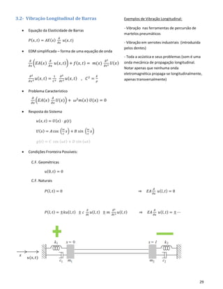 29
3.2- Vibração Longitudinal de Barras
• Equação da Elasticidade de Barras
𝑃( 𝑥, 𝑡) = 𝐴𝐸( 𝑥)
𝜕
𝜕𝑥
𝑢(𝑥, 𝑡)
• EDM simplificada – forma de uma equação de onda
𝜕
𝜕𝑥
(𝐸𝐴( 𝑥)
𝜕
𝜕𝑥
𝑢( 𝑥, 𝑡)) + 𝑓( 𝑥, 𝑡) = 𝑚(𝑥)
𝜕2
𝜕𝑡2 𝑈( 𝑥)
𝜕2
𝜕𝑥2 𝑢( 𝑥, 𝑡) =
1
𝐶2
𝜕2
𝜕𝑡2 𝑢( 𝑥, 𝑡) , 𝐶2
=
𝐸
𝜌
• Problema Característico
𝜕
𝜕𝑥
(𝐸𝐴( 𝑥)
𝜕
𝜕𝑥
𝑈(𝑥)) + 𝜔2
𝑚( 𝑥) 𝑈(𝑥) = 0
• Resposta do Sistema
𝑢( 𝑥, 𝑡) = 𝑈( 𝑥) ⋅ 𝑔(𝑡)
𝑈( 𝑥) = 𝐴 cos (
𝜔
𝑐
𝑥) + 𝐵 𝑠𝑖𝑛 (
𝜔
𝑐
𝑥)
𝑔( 𝑡) = 𝐶 cos ( 𝜔𝑡) + 𝐷 𝑠𝑖𝑛 ( 𝜔𝑡)
• Condições Fronteira Possíveis:
Exemplos de Vibração Longitudinal:
- Vibração nas ferramentas de percursão de
martelos pneumáticos
- Vibração em serrotes industriais (introduzida
pelos dentes)
- Toda a acústica e seus problemas (som é uma
onda mecânica de propagação longitudinal.
Notar apenas que nenhuma onda
eletromagnética propaga-se longitudinalmente,
apenas transversalmente)
C.F. Geométricas
𝑢(0, 𝑡) = 0
C.F. Naturais
𝑃( 𝑙, 𝑡) = 0 ⇒ 𝐸𝐴
𝜕
𝜕𝑥
𝑢( 𝑙, 𝑡) = 0
𝑃( 𝑙, 𝑡) = ±𝑘𝑢( 𝑙, 𝑡) ± 𝑐
𝜕
𝜕𝑡
𝑢( 𝑙, 𝑡) ± 𝑚
𝜕2
𝜕𝑡2 𝑢( 𝑙, 𝑡) ⇒ 𝐸𝐴
𝜕
𝜕𝑥
𝑢( 𝑙, 𝑡) = ±⋯
𝑥
𝑢(𝑥, 𝑡)
 